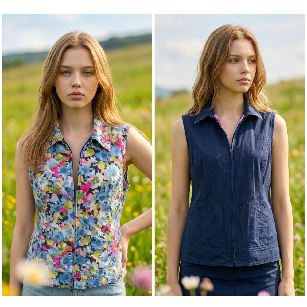 Reversible Floral Navy Blue Zip Up Vest Sleeveless Jacket Women Lg Cottagecore‎